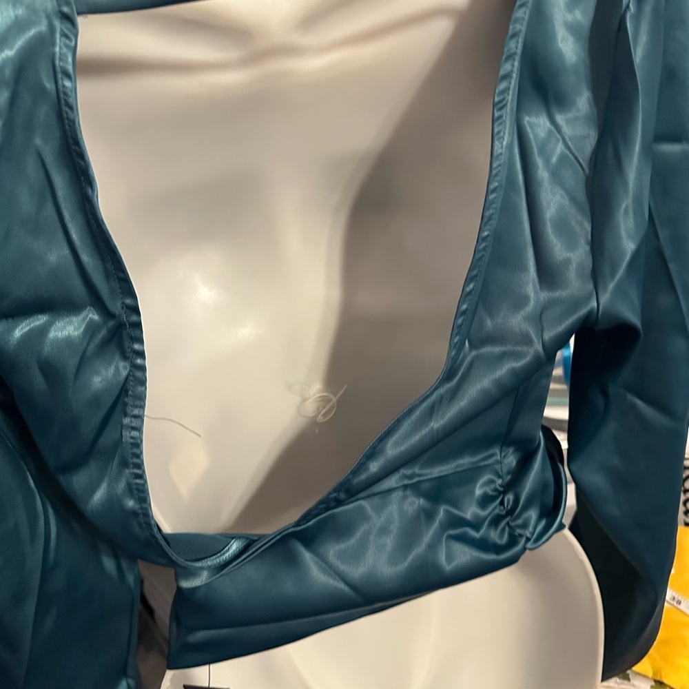 Lulu's Satin Blouse in Deep Teal with Long Sleeves and Open Back and Bow Tie - Picture 8 of 12